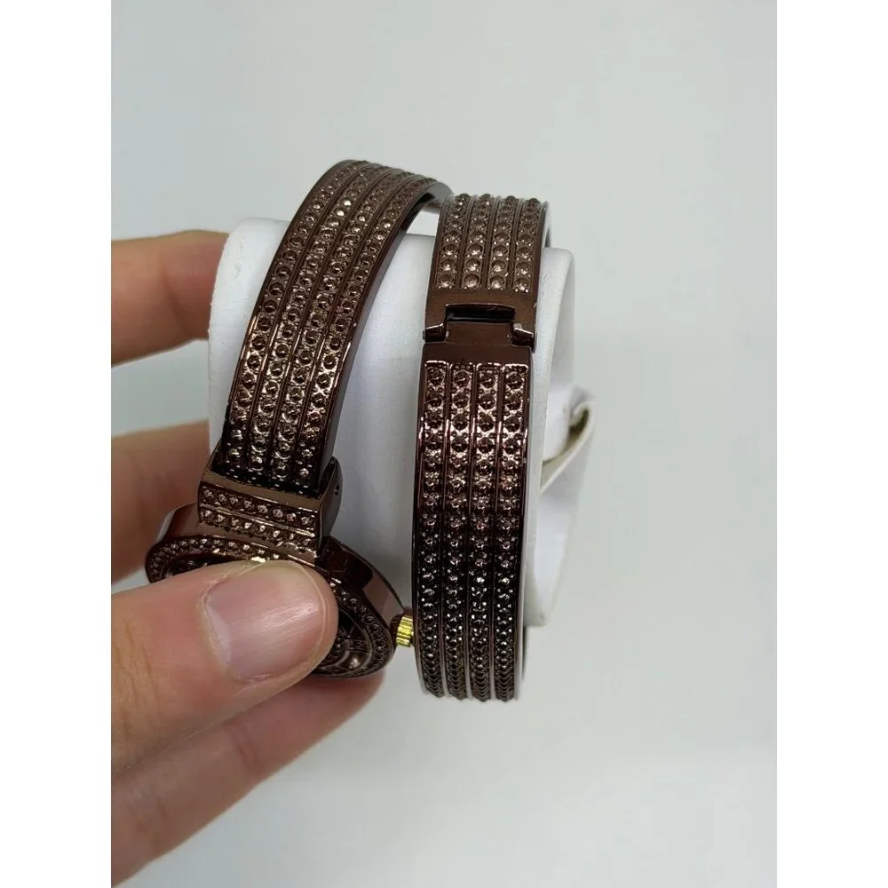 VTG Rhinestone Women Cuff Watch & Bangle Set Bronze Tone Quartz Bracelet Stylish